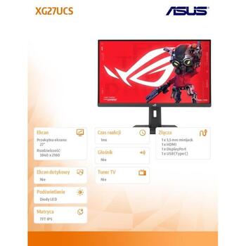 Asus Монитор ROG Strix 27 дюймов XG27UCS, 3840 x 2160, 160 Гц, 1 мс, 400 кд/м², 27 дюймов, матовый, VESA 100 x 100 (XG27UCS)