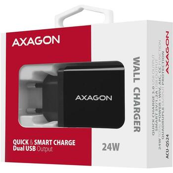 Axagon зарядное устройство ACU-QS24 24W, 2x USB QC3.0, 5V-1.2A, 100-240V, черный, защита питания (ACU-QS24)
