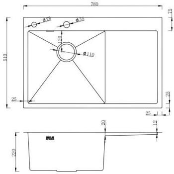 Ab Раковина NT AB 9134559, 780x510x200mm, графит, левая, 110mm, перелив, сифоны (9134559)
