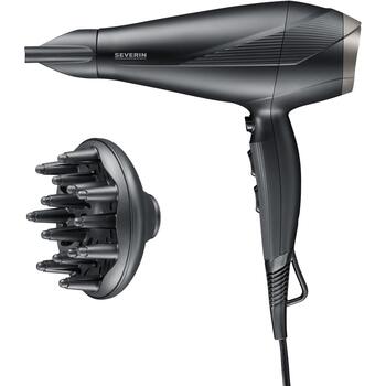 Severin Фен 0167, 2300W, 2 скорости, 3 температурных режима, 2 насадки, 2.8m шнур, ионизатор, диффузор (0167)