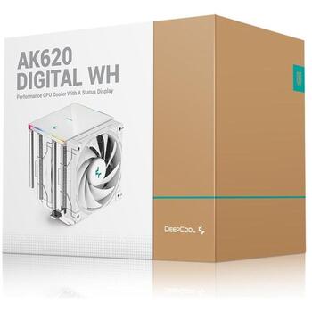 Deepcool procesora dzesētājs AK620 DIGITAL WH R-AK620-WHADMN-G, 68.99 cfm, 2 ventilatori, PWM atbalsts, 6 siltuma caurules (R-AK620-WHADMN-G)