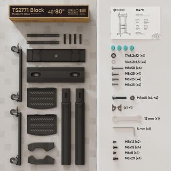 Onkron televizora statīvs TS2771-B, 40-80 collu, maksimālā slodze 65.5 kg, VESA 200x200-700x400 mm, 2 plaukti, melns (TS2771-B)