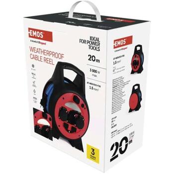 Emos Кабельная катушка с мобильным центром P08620W, 20 м, 3 розетки, 230 В, 13 А, IP44, 2× USB-A 2,1 A max. (P08620W)