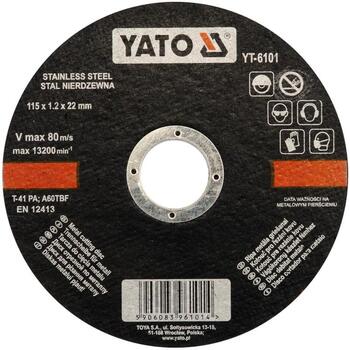 Yato отрезной диск YT-6101, 115мм, 1.2мм, 22мм, 13200 min⁻¹, 80 м/с, нержавеющая сталь, плоский (YT-6101)