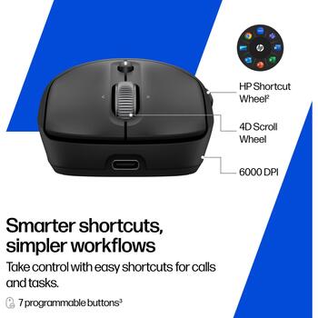 HP 705 bezvadu datorpele AZ7B1AA#ABB, 6000 DPI, Bluetooth 5.2, USB Type-A, 8 pogas, 7 programmējamas, klusais klikšķis, melna (AZ7B1AA#ABB)