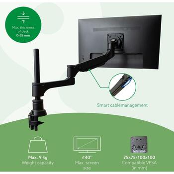 R-Go Tools monitors stiprinājums RGOVLCA4SI, regulējams ar gāzes atsperi, 3-9 kg, 100% pārstrādājams, melns, stiprinājums: skava (RGOVLCA4SI)