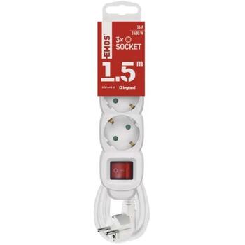 Emos Удлинитель P1321R, 1,5м, 3×2P+PE, 3680W, PVC, выключатель, защита от детей (P1321R)