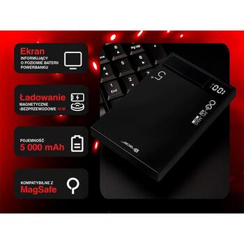 Tracer Strāvas banka TRABAT47644, 5000 mAh, USB-C 5V/3A, 9V/2A, 15W bezvadu uzlāde, Power Delivery 20W, Quick Charge 3.0 (TRABAT47644)