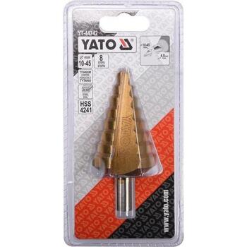 Yato ступенчатое сверло YT-44742, 10-45мм, 100мм, HSS 4241, 8 ступеней, покрытие нитридом титана, 75мм рабочая длина (YT-44742)
