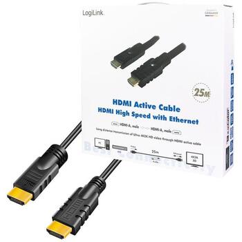 Logilink HDMI кабель CHA0025, 25м, активный, HDMI-HDMI, 4K, Ethernet, позолоченные контакты, черный (CHA0025)