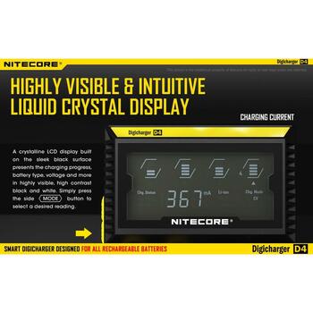 Nitecore Зарядное устройство D4EU 4-слотовое, совместимо с Li-ion, Ni-MH, Ni-Cd, ЖК-экран, 0.239 кг (D4EU)