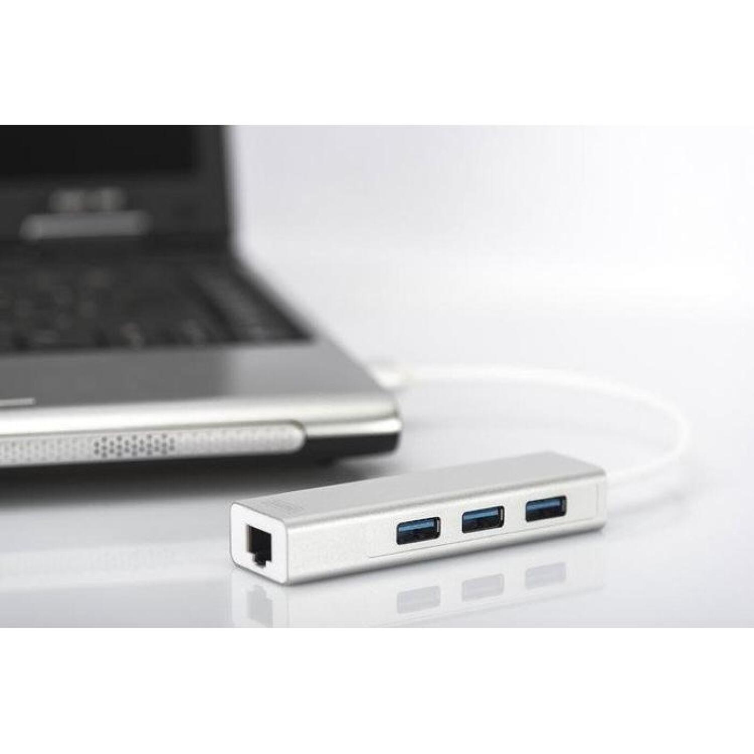 Digitus USB концентратор DA-70250-1, 3x USB 3.0 A, 1x RJ-45 10/100/1000 Mbps, 1x USB A, IEEE 802.3, WOL, Auto MDIX, белый (DA-70250-1)