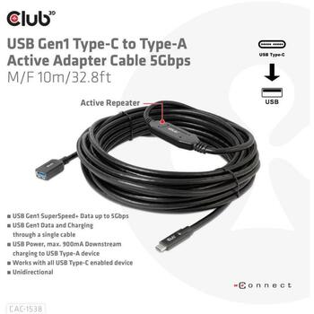 Club3D кабель USB-C к USB CAC-1538 10м, 5Gbps, USB Type-C мужской, 1x USB Type-A женский (CAC-1538)