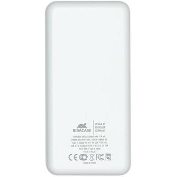 Rivacase Power Bank akumulators VA2572WHITE, 20000mAh, 20W, LiPo, QC 3.0, USB Type-C, 3x3A (VA2572WHITE)