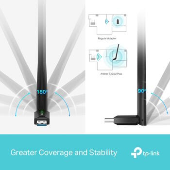 Wi-Fi USB adapters AX1800 Wi-Fi 6 divjoslu bezvadu Archer TX35U Plus 802.11ax līdz 1201 Mbps (5 GHz) 574 Mbps (2.4 GHz) USB 3.0 divas augstas pastiprināšanas antenas Melna TP-Link (Archer TX35U Plus)