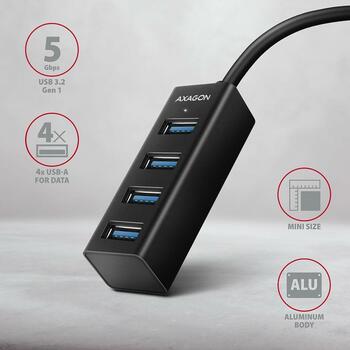 Axagon USB centrmezgls HUE-M1A USB 3.2 4 porti, 20 cm strāvas kabelis, alumīnija korpuss, 1.5A uzlāde (HUE-M1A)