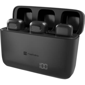 Natec Hopper NMI-2254, bezvadu mikrofonu komplekts, USB-C, 2 gab., melns, trokšņu samazināšana, 20-20kHz, -38dB, 4h (NMI-2254)