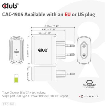 Club3D lādētājs CAC-1905EU 65W, 100-240V, 1x USB Type-C, PD 3.0, OCP, OVP, SCP, OTP, CE, FCC, melns (CAC-1905EU)