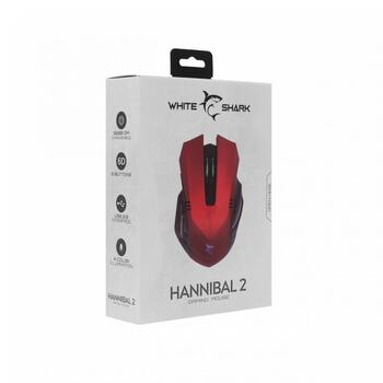 White Shark HANNIBAL-2 RED spēļu pele, 3200 DPI, 6 pogas, USB 2.0, 1.8m, 125Hz, 135g, sarkana (HANNIBAL-2 RED)