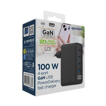 Gembird Зарядное устройство TA-UC-PDQC100LCD-01-BK 100 Вт, 4 порта, 3 Type-C, 1 Type-A, ЖК-дисплей, PD, QC 3.0, AC, черный (TA-UC-PDQC100LCD-01-BK)