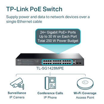 TP-LINK TL-SG1428PE коммутатор, 28x Gigabit, 24x PoE+ 250W, 2x SFP, VLAN, QoS, IGMP snooping, 56 Gbps (TL-SG1428PE)