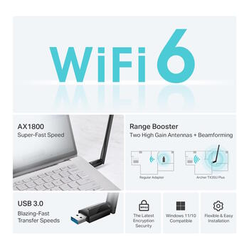 Wi-Fi USB adapters AX1800 Wi-Fi 6 divjoslu bezvadu Archer TX35U Plus 802.11ax līdz 1201 Mbps (5 GHz) 574 Mbps (2.4 GHz) USB 3.0 divas augstas pastiprināšanas antenas Melna TP-Link (Archer TX35U Plus)