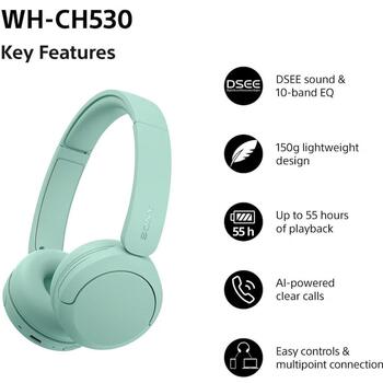 Sony Headphones | WH-CH530 | Bluetooth | On-Ear | Microphone | Mint | Noise reduction (WHCH530G.CE7)