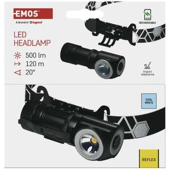 Emos LED налобный фонарь P3544, 500 lm, 120 m, Li-Ion 800 mAh, 60 g, 80 × 29 × 30 mm, USB-C, 2 режима, ударопрочный (P3544)