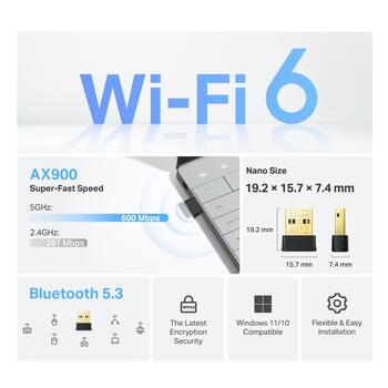TP-Link Archer TX10UB Nano USB-адаптер, AX900, Wi-Fi 6, Bluetooth 5.3, 900Mbps, 2.4/5GHz, USB 2.0, WPA3, Windows 11/10 (ARCHER TX10UB NANO)