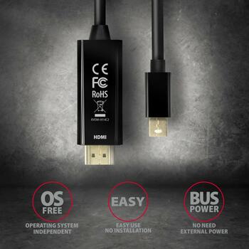Axagon Видео кабель RVDM-HI14C2 Mini DisplayPort на HDMI 1.8м, 4096 x 2160, 30Гц, активный преобразователь, черный (RVDM-HI14C2)