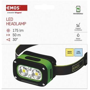 Emos LED налобный фонарь P3545, 175 лм, 50 м, Li-pol 800 мАч, 3x LED, 5 режимов, USB-C, ударопрочный, водонепроницаемый (P3545)