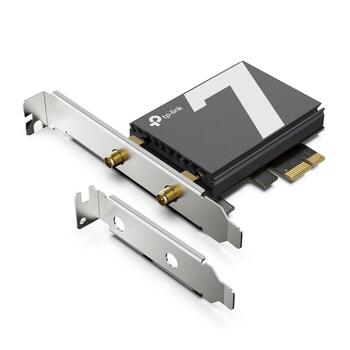 TP-Link Archer TBE550E BE9300 Wi-Fi 7 Bluetooth 5.4 PCIe trīs joslu adapteris 6 GHz 5760 Mbps 5 GHz 2880 Mbps 2.4 GHz 688 Mbps 2× antenas Melns (ARCHER TBE550E)