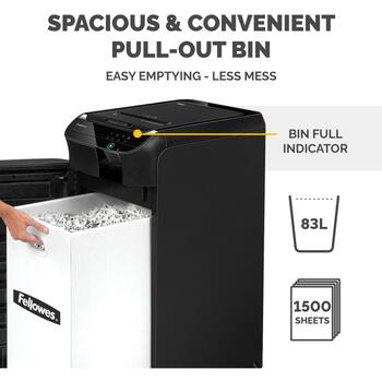 Fellowes Slēdzis AutoMax 600M 600 lapas, 2 x 12 mm mikrogriešana, 83 L, 60 dB, 4 riteņi, P-5, automātiska atgriešana (4657401)