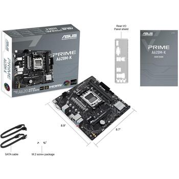 Asus mātesplate PRIME A620M-K, DDR5, PCIe 4.0, HDMI, VGA, USB 3.2 Gen 1 Type-A, SATA 6 Gbps, divvirzienu AI trokšņu atcelšana (PRIMEA620M-K)