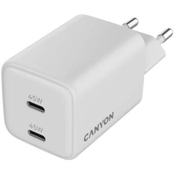 Kompakts sienas lādētājs ar GaN tehnoloģiju 45 W kopējo jaudu un 2×PD ātrās uzlādes portiem CU45CC EU Balts CNS-CUW45CC CANYON (CNS-CUW45CC)