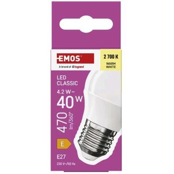 Emos LED лампочка Classic Mini Globe ZQ6E21, 4,2 Вт, 470 лм, теплый белый, E27, 30 000 часов, 150° угол луча (ZQ6E21)