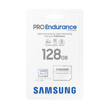 microSDXC atmiņas karte 128 GB UHS I U3 V30 līdz 100 MB s lasīšana un 40 MB s rakstīšana ar SD adapteri PRO Endurance MB-MJ128KA/EU Balta Samsung (MB-MJ128KA/EU)