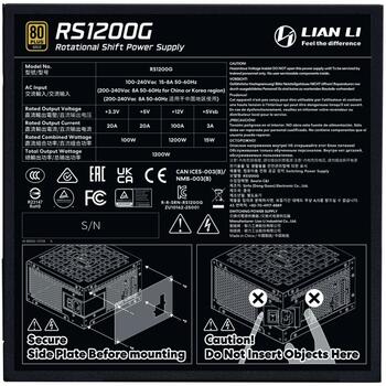 Lian Li Datora barošanas bloks G9P.RS1200G.BH00.EU, 1200W, 100-240V, 50/60Hz, 80 PLUS Gold, 1 ventilators, kompakts (G9P.RS1200G.BH00.EU)