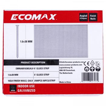 Ecomax отделочные гвозди EMNA001638GALV&EMX, 38x1,6 мм, 16GA, 2500 шт., электрогальванизированные, 0°, 50 шт./полосе (EMNA001638GALV&EMX)