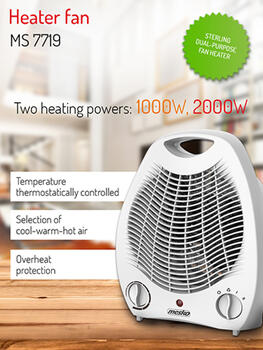 Super efektīvs un kompakts ventilatora sildītājs ar 2 jaudas režīmiem 1000/2000 W balts MS7719 Mesko (MS 7719)