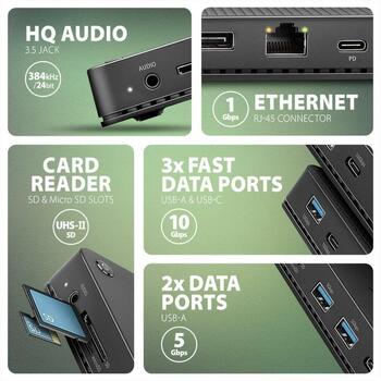 Axagon док-станция HMC-U4, USB4 40Gbps, 3x USB-A, 2x USB-C, HDMI 8K/30Hz, DP, RJ-45, SD/mSD, аудио, PD 100W (HMC-U4)