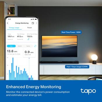 TP-Link Tapo P110M viedais kontaktdakša, 13A, 2990W, 2.4GHz WiFi, Matter, enerģijas uzraudzība, kompakta (TAPO P110M)