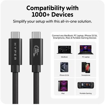 Hyper HyperDrive Next USB4 Type-C veiktspējas kabelis HD6500BKGL, 1.2 m, 240 W, 40 Gbps, 8K atbalsts, PD 3.1 (HD6500BKGL)