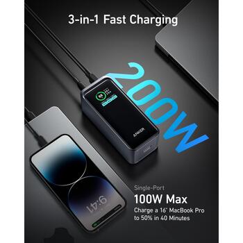 Anker Power Bank A1336011, 20000 мАч, 200 Вт, 2xUSB-C, 1xUSB-A, быстрая зарядка, дорожный чехол (A1336011)
