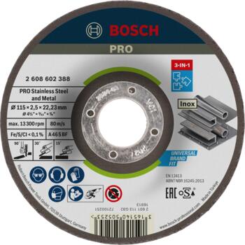 Mazām leņķa slīpmašīnām PRO STAINLESS STEEL AND METAL 3-IN-1 DISKS AR SAISTVIELĀM BOSCH 2608602388 (2608602388)