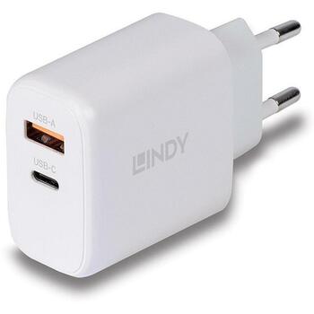 Lindy зарядное устройство 73428 65W, 100-240V, 20V, 2 USB порта, быстрая зарядка, защита от перегрузки, белый (73428)