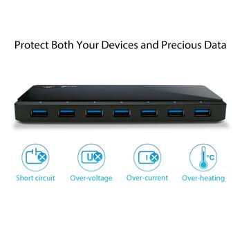 TP-Link UH720 USB 3.0 centrmezgls, 7 porti, 2 uzlādes porti, 5Gbps, 5V/2.4A, Windows/Mac/Linux (UH720)