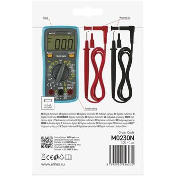 Emos Multimetrs MD-230 M0230N, 35 × 75 × 155 mm, 200 mA – 10 A AC, 200 mA – 10 A DC, 200–600 V AC, 2–600 V DC, 3,5 ciparu displejs (M0230N)
