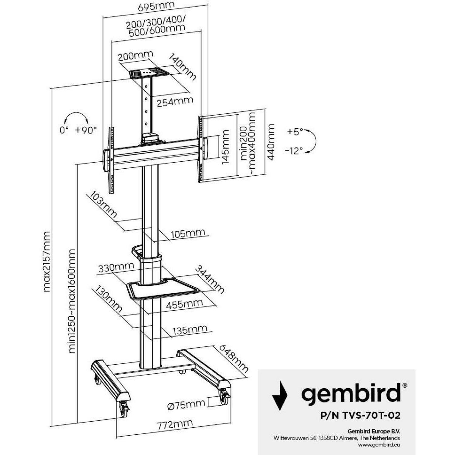 Gembird televizora statīvs ar ritenīšiem 37-70 TVS-70T-02, dziļums 2157 mm, platums 772 mm, augstums 648 mm, VESA 600 mm x 400 mm (TVS-70T-02)