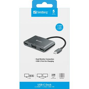 Sandberg 136-35 USB-C док-станция, 2xHDMI, 1xVGA, 1xUSB-A, USB-C PD 100W, 4K/30Гц, алюминий, серый (136-35)